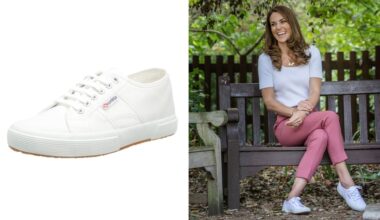 White Superga sneakers; Kate Middleton sitting on a bench in pink pants and a white top