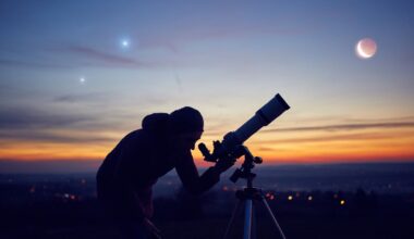 a person looks through a telescope beneath a crescent moon and two bright orbs in the sky