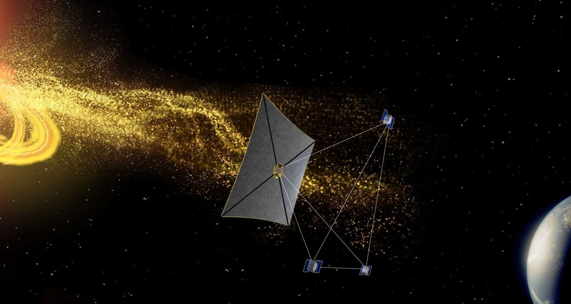 a rectangular kite-like spacecraft flies between a helix of yellow particles and earth on a starry black background