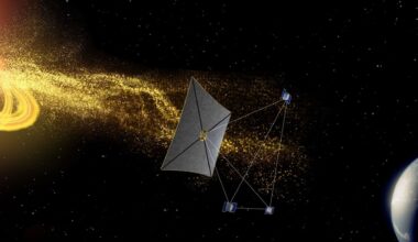 a rectangular kite-like spacecraft flies between a helix of yellow particles and earth on a starry black background