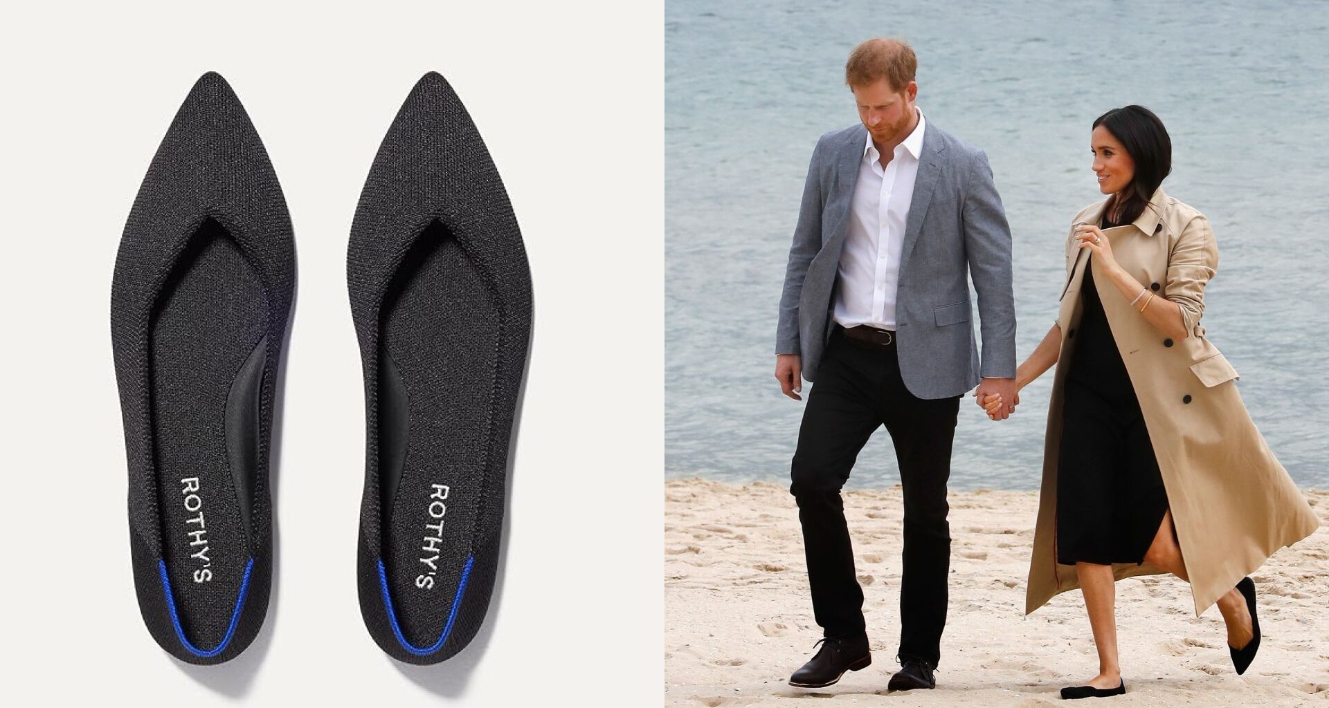 Meghan Markle holding hands with Prince Harry walking on a beach in a trench coat and black dress