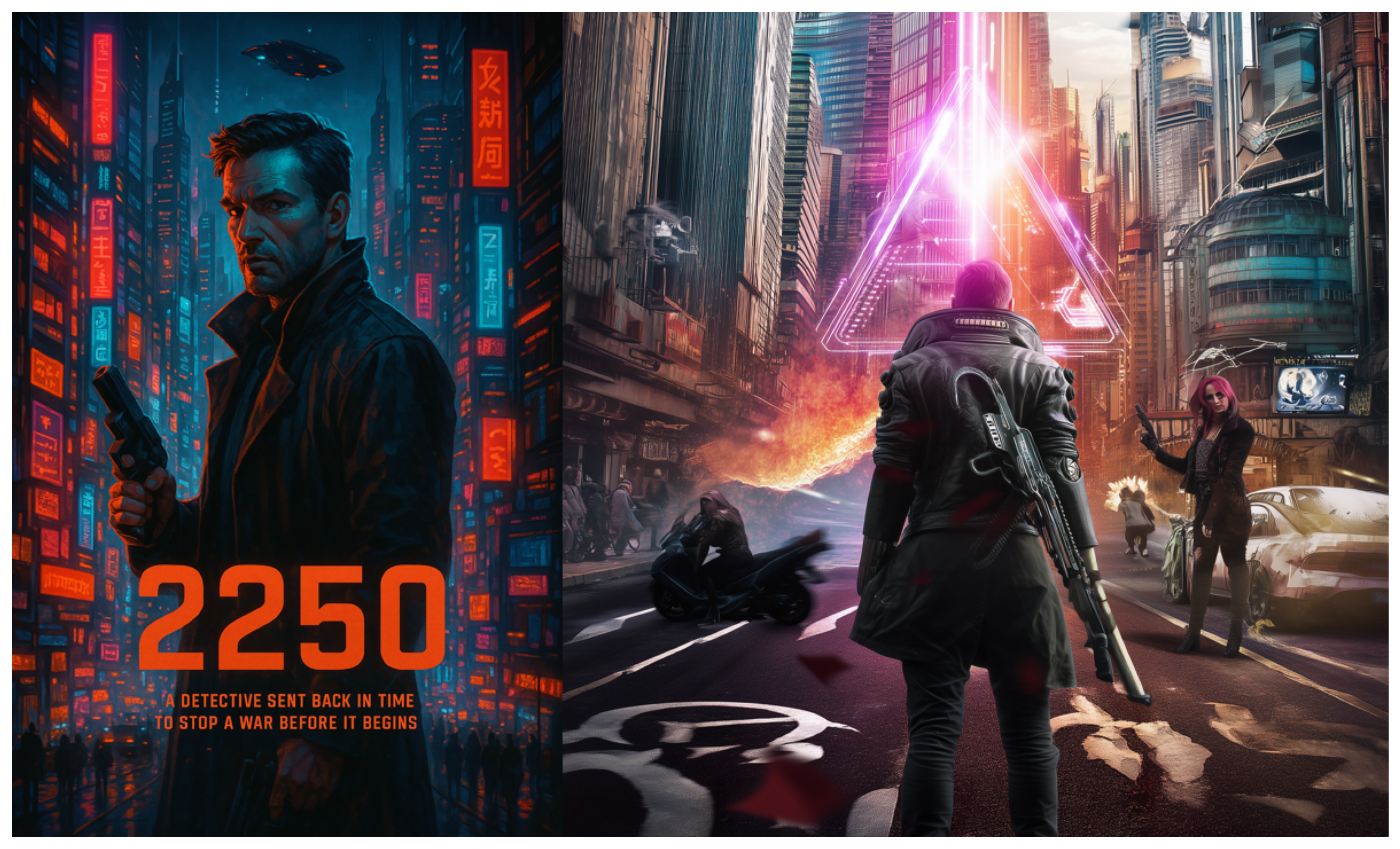 Two images generated by ChatGPT and Midjourney of futuristic movie posters