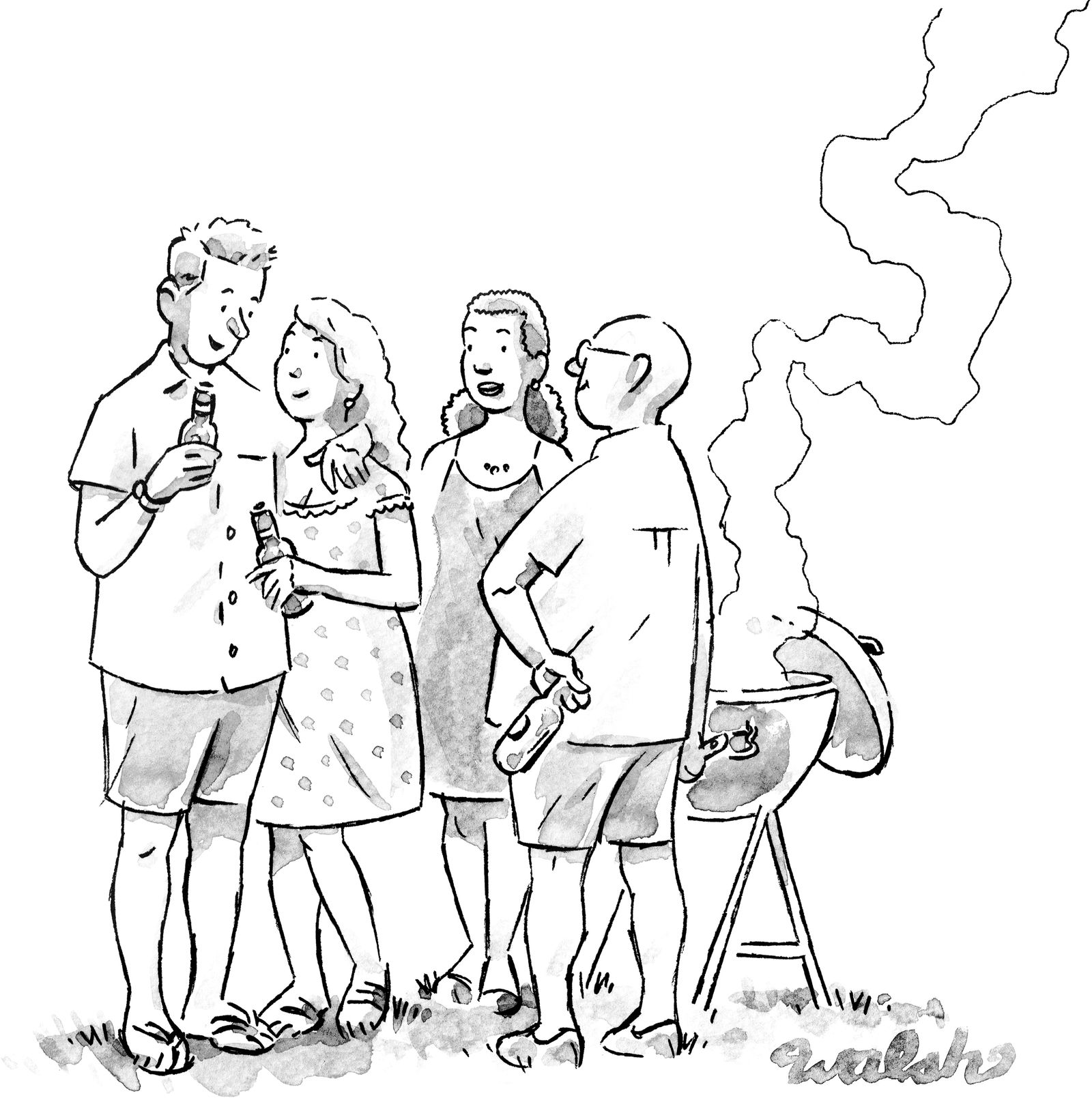 Two couples stand around grill.