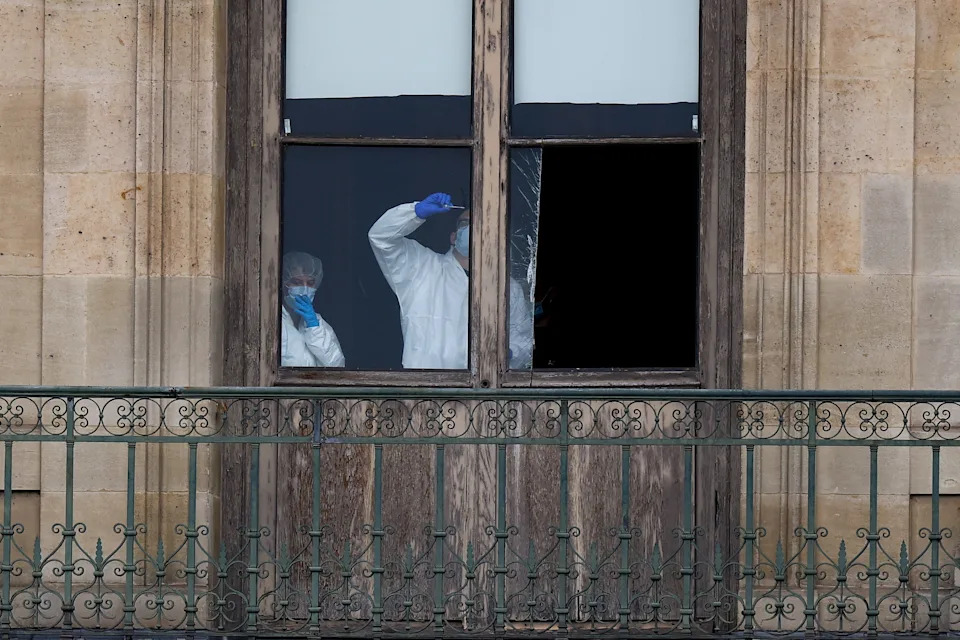 The window believed to have been used in a robbery at the Louvre museum in Paris, France.