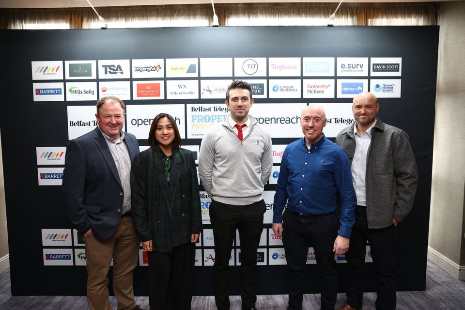 Belfast Telegraph Property Awards 2025 in partnership with Openreach. Openreach team: Kevin King, Enoch Beans, Conleth Mallon, Dara Murphy and Aaron Morton