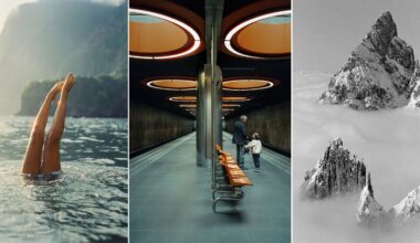 A collage of three images: legs emerging from a calm lake, an empty modern subway platform with two people, and a snowy mountain peak above the clouds.