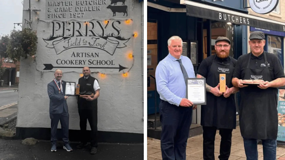 Composite image, with one shot showing two men standing beside a wall painted "Perry's field to fork artisan cookery school", and another showing three men standing outside a high street butcher's frontage. All those photographed are holding certificates and awards.