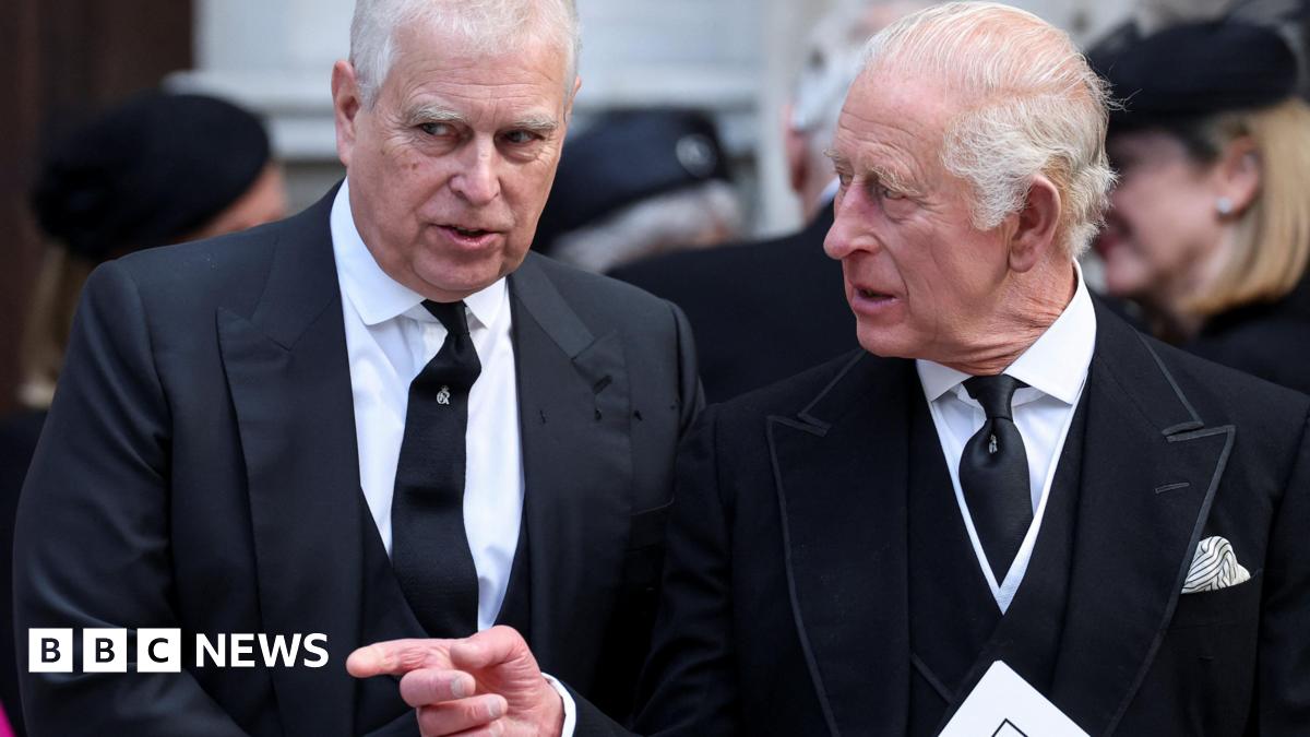 Prince Andrew and King Charles, dressed in black mourning clothes, at the funeral of the Duchess of Kent