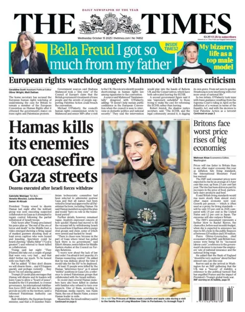 The headline on the front page of the Times reads: “Hamas kills its enemies on ceasefire Gaza streets”.