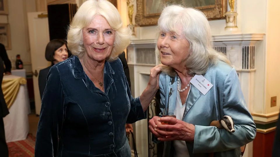 Queen Camilla and Jilly Cooper pose during a reception to mark the launch of the Queen's reading room medal at Clarence House on March 25, 2025, in London, England. (Photo by Chris Jackson/Getty Images)