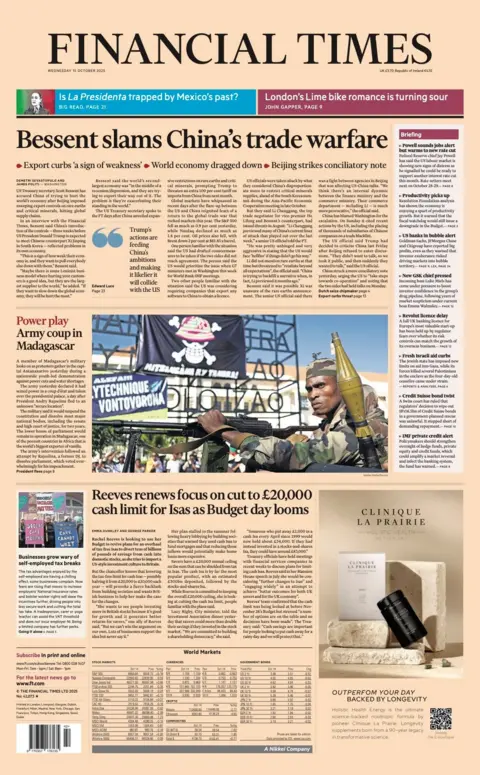 The headline on the front page of the Financial Times reads: “Bessent slams China's trade warfare”.
