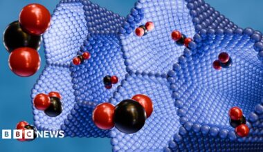 A 3D rendering of structure metal-organic framework in purple, red and black