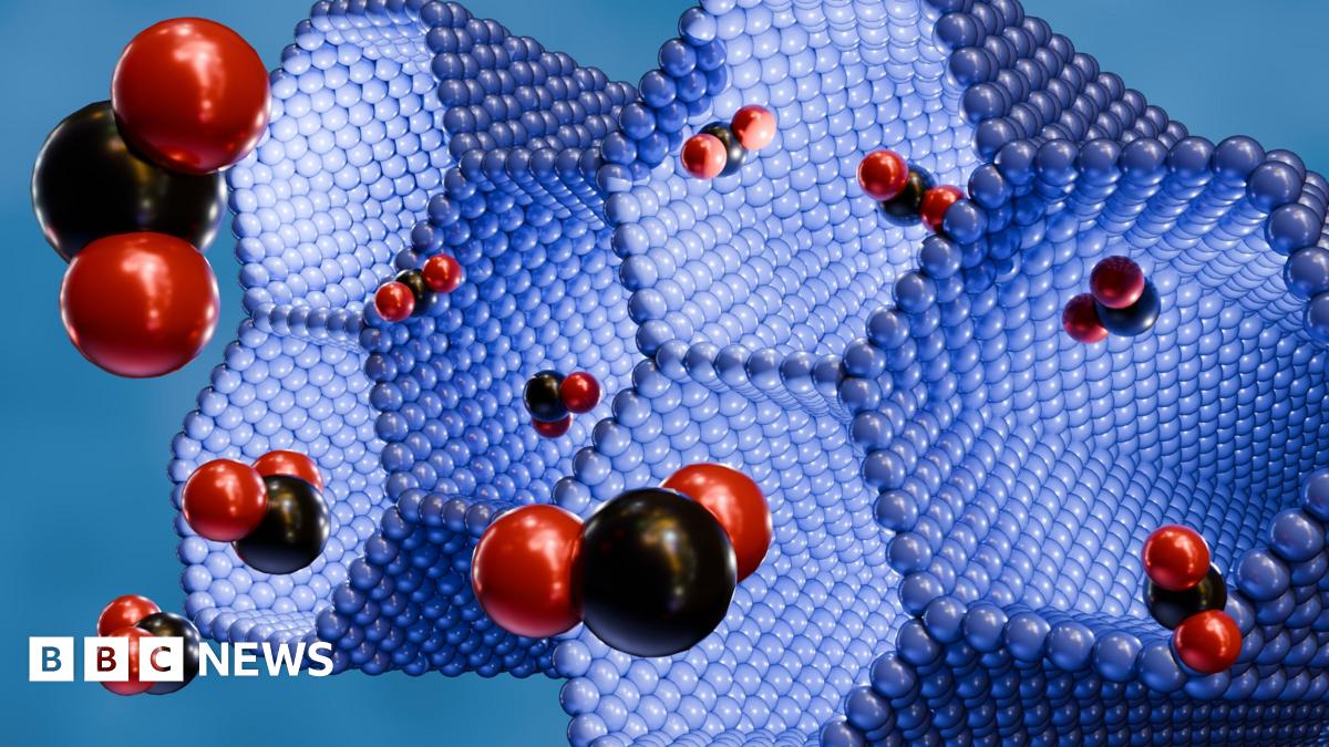 A 3D rendering of structure metal-organic framework in purple, red and black