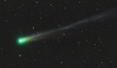 A comet with a green corona and long tenuous tail is pictured streaking left to right across a black sky peppered with stars.