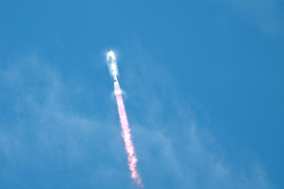 SpaceX's Starship rocket is seen Tuesday, Aug. 26 after lifting off from Starbase, Texas, as seen from South Padre Island. The megarocket roared into the skies on its 10th test flight, following a string of explosive failures that cast doubt about its ability to realize Elon Musk's vision of colonizing Mars.