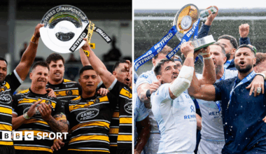 On one side of the image, York celebrate winning the Championship League Leaders' Shield while on the other, Toulouse celebrate winning the Championship Grand Final