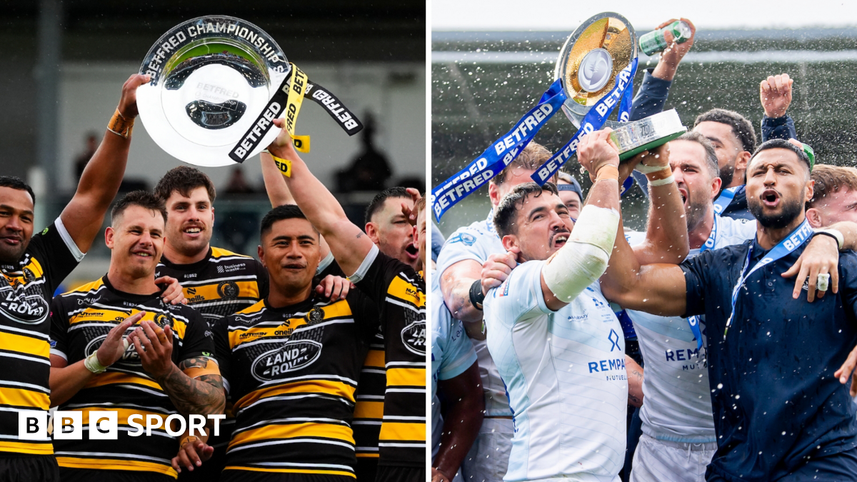 On one side of the image, York celebrate winning the Championship League Leaders' Shield while on the other, Toulouse celebrate winning the Championship Grand Final