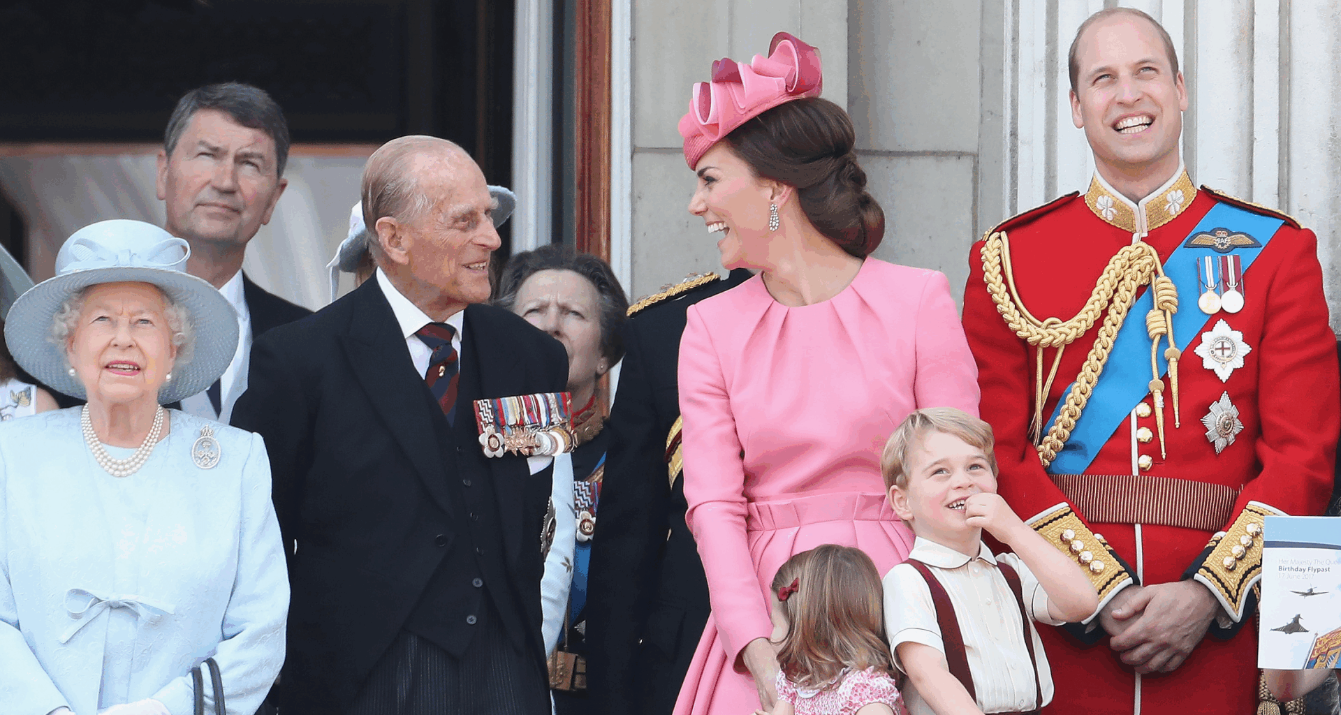Queen Elizabeth, Prince Philip, Kate Middleton, Princess Charlotte, Prince George and Prince William on the balcony at Buckingham Palace