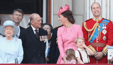Queen Elizabeth, Prince Philip, Kate Middleton, Princess Charlotte, Prince George and Prince William on the balcony at Buckingham Palace