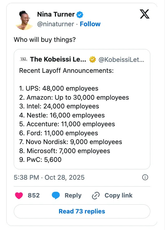 Social media post by Nina Turner highlighting recent layoffs from companies like UPS, Amazon, and Microsoft, totaling thousands of job losses