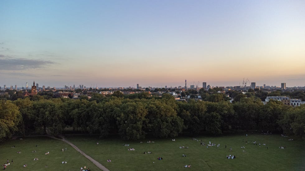 Aerial view of Highbury Fields and London skyline, United Kingdom