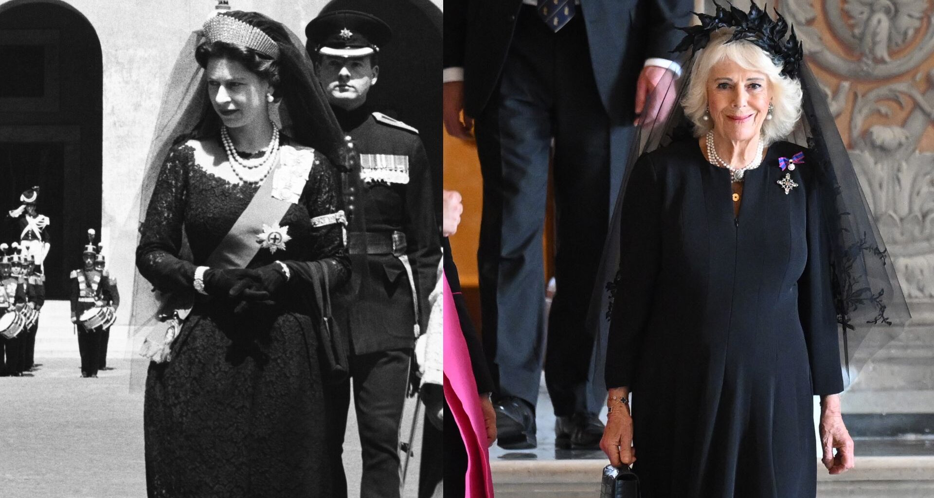 Queen Elizabeth and Queen Camilla both wearing black veils and dresses at the Vatican