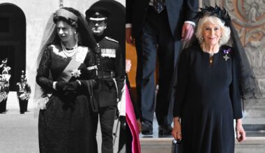 Queen Elizabeth and Queen Camilla both wearing black veils and dresses at the Vatican