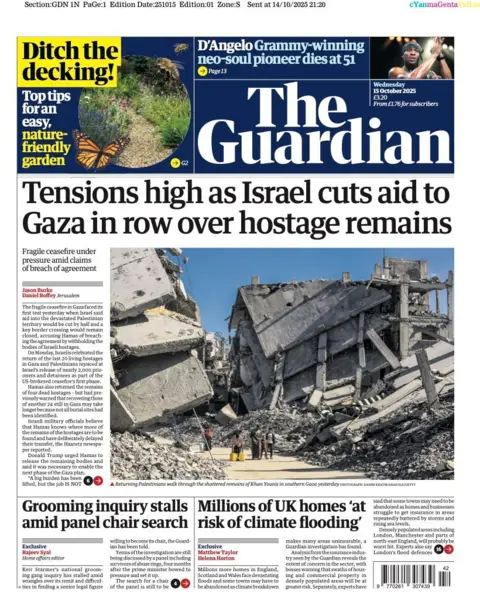 The headline on the front page of the Guardian reads: “Tensions high as Israel cuts aid to Gaza in row over hostage remains”.