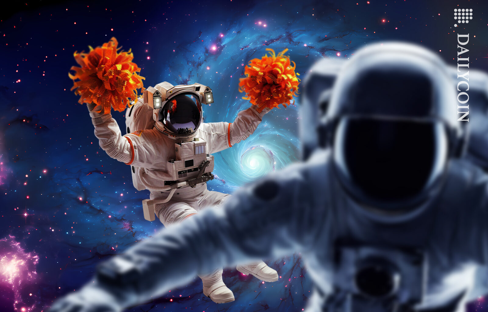 Space man taking a selfie with his collegue celebrating in the milky way.