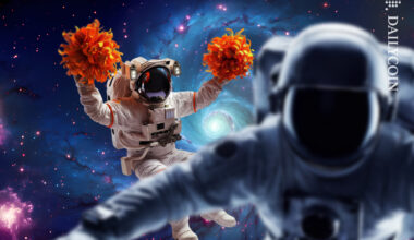 Space man taking a selfie with his collegue celebrating in the milky way.