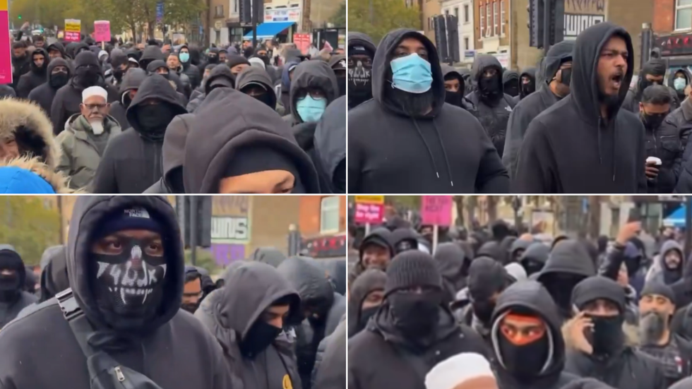 Columns of masked Muslim men chant 'Allahu Akbar' in London