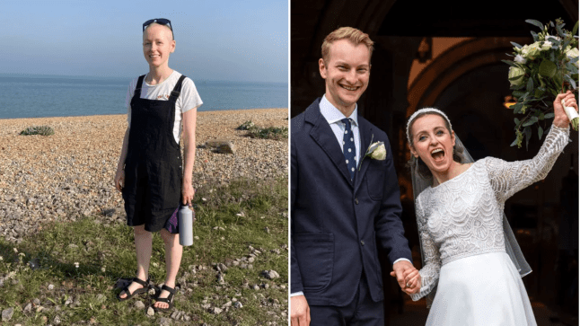 Moira Jordan, left photo on the beach shortly after treatment and right photo with husband Sam on their wedding day