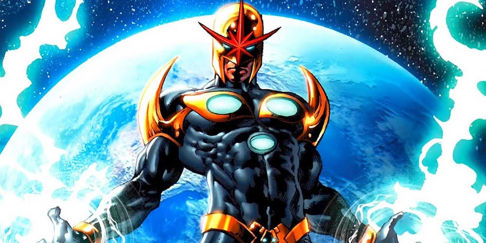 Cosmic Marvel hero Nova floating above Earth