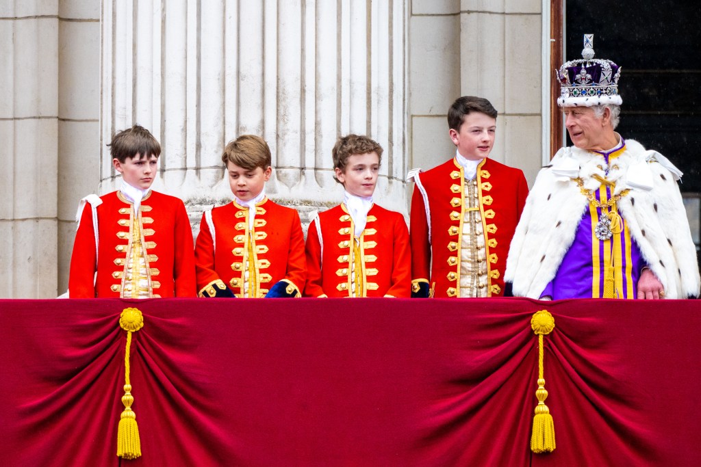 King Charles and Prince George with other Pages of Honour at Charles' coronation
