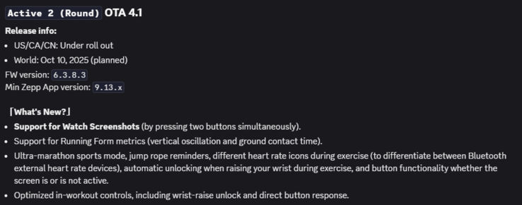 The release notes for firmware version 6.3.8.3 for the Active 2 (Round) smartwatch. (Image source: Amazfit via Discord)