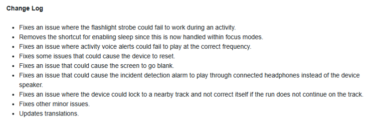 The release notes for beta version 15.12 for the Forerunner 570 and Forerunner 970 smartwatches. (Image source: Garmin)