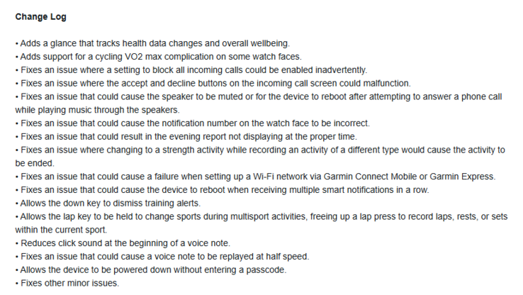 The release notes for beta version 15.07 for the Forerunner 570 and Forerunner 970 smartwatches. (Image source: Garmin)
