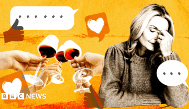 An illustration of an overwhelmed woman. She is surrounded by text message and notification symbols and imagining friends sharing a toast without her