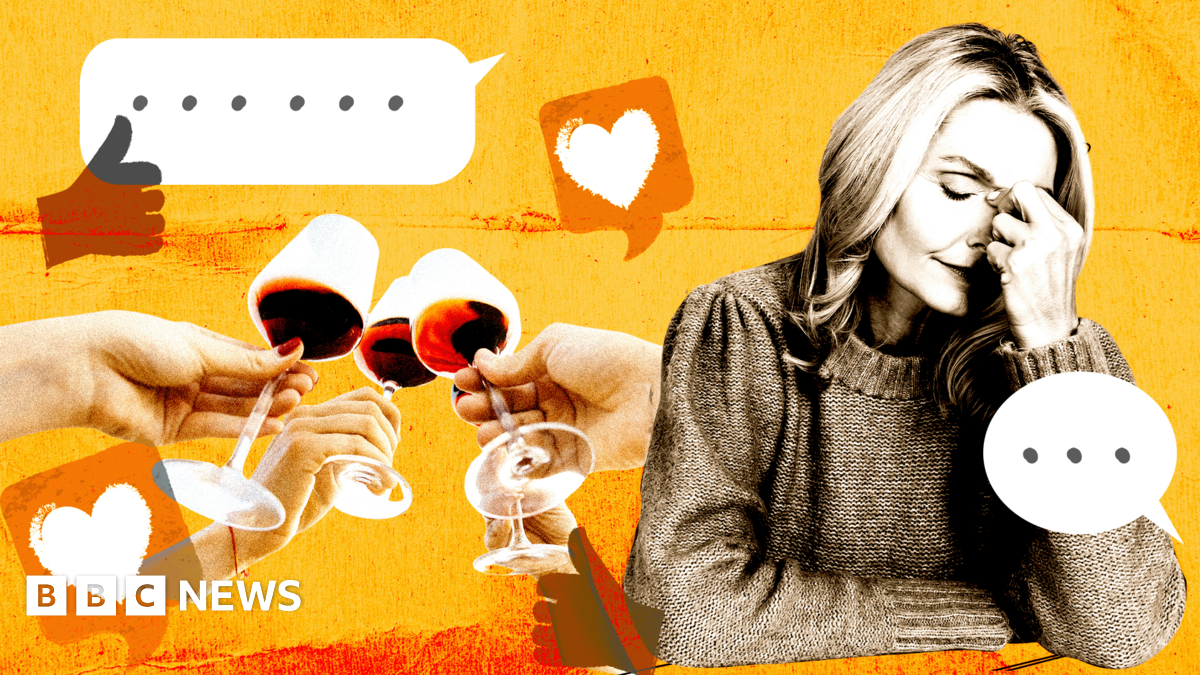 An illustration of an overwhelmed woman. She is surrounded by text message and notification symbols and imagining friends sharing a toast without her