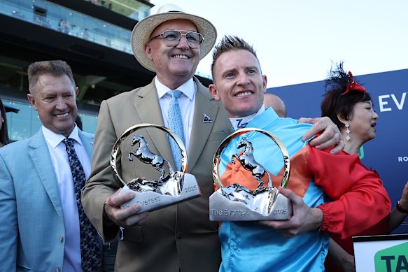 David Hayes and Zac Purton celebrate victory in The Everest.