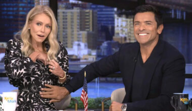 Mark Consuelos flirtatiously reaches for Kelly Ripa's mic that fell 'deep into the cleavage' on air: 'Can I find it?'