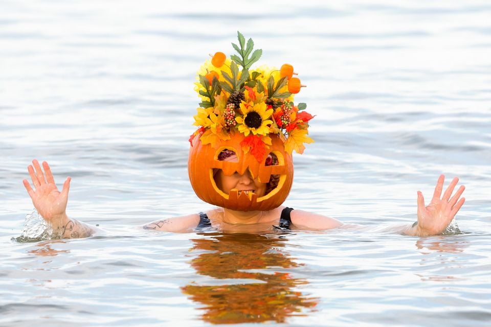 The annual Pumpkin Head Swim at Helen's Bay, Co Down, in aid of Action Mental Health took place on Sunday. Pic: Presseye