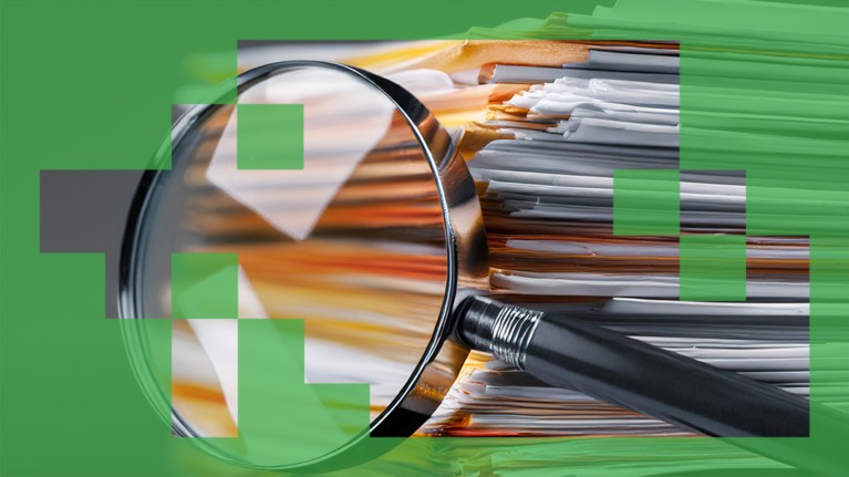 A large stack of binders full of paper documents partially framed by a magnifying glass.