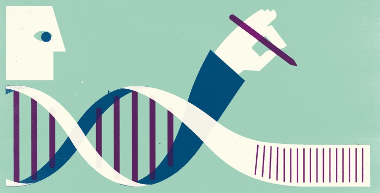 Stylised illustration showing a man's arm unravelling from a twisting DNA strand. His hand is holding a pencil; the other strand of the DNA becomes a ream of paper and he is writing on it.