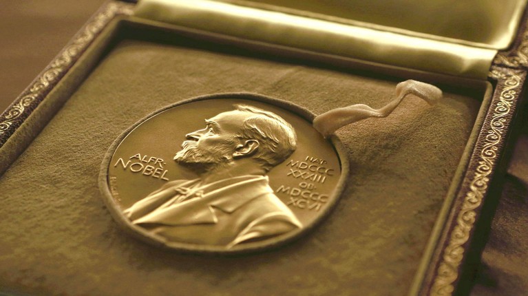 Close up view of a Nobel Prize Medal.