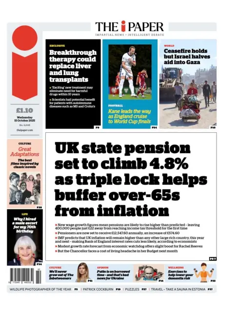 The headline on the front page of the i Paper reads: “UK state pension set to climb 4.8% as triple lock helps buffer over-65s from inflation”.