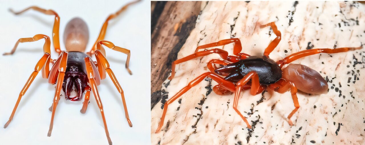 Spot the difference: the mainland spider (Dysdera catalonica, left) and one from the Canary Islands (Dysdera tilosensis, right).  