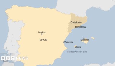 Map showing Spain and its autonomous region of Catalonia with the capital Barcelona, as well as the city of Valencia and the islands of Ibiza and Mallorca in the Mediterranean