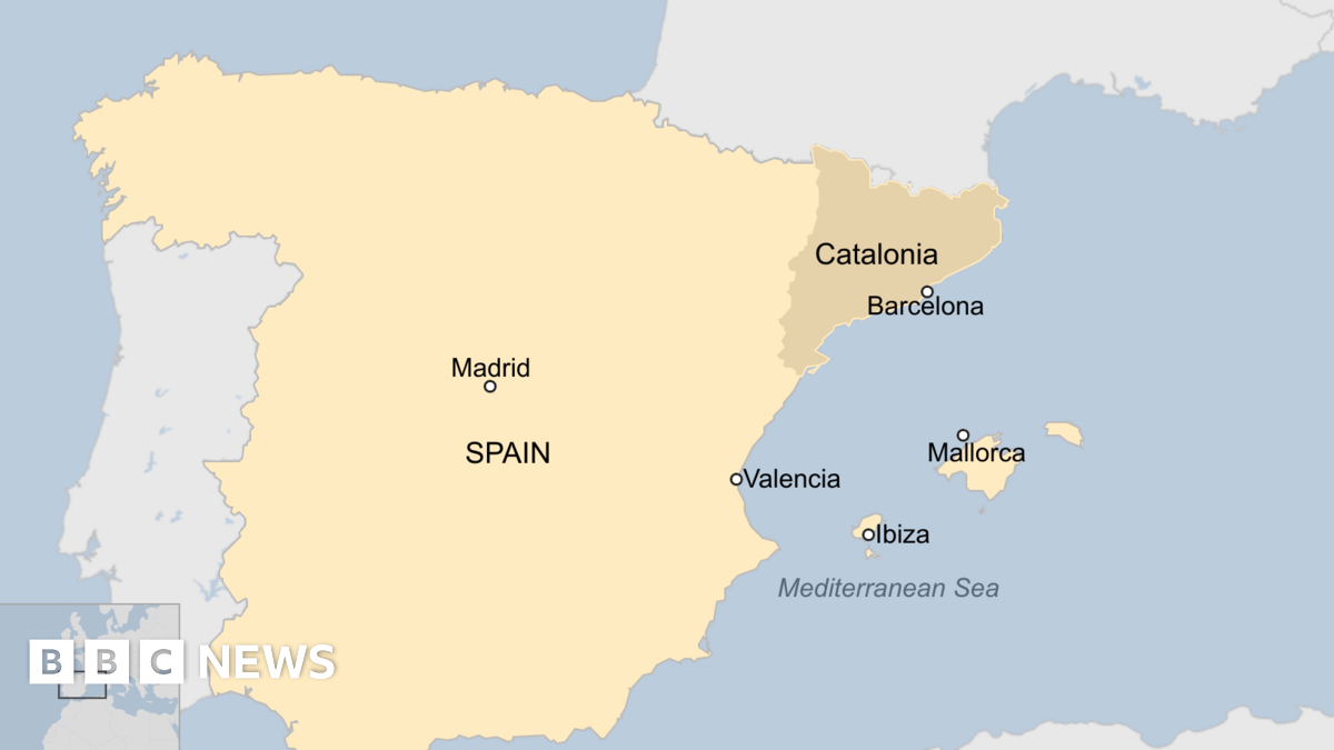 Map showing Spain and its autonomous region of Catalonia with the capital Barcelona, as well as the city of Valencia and the islands of Ibiza and Mallorca in the Mediterranean