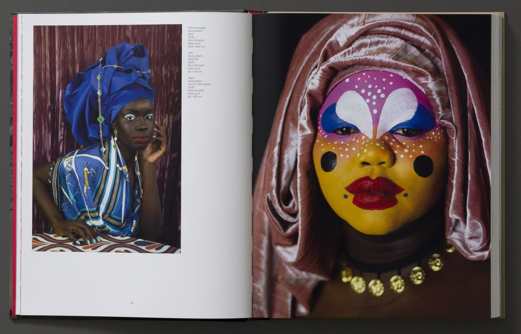 a spread from the book 'Exposure' featuring two portraits of woman in vibrant makeup and clothes by Atong Atem
